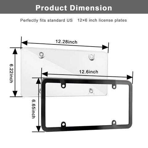 Clear License Plate Cover And Frame Set 2 Pack showing product dimensions for 12x6 inch US plates made from ABS plastic