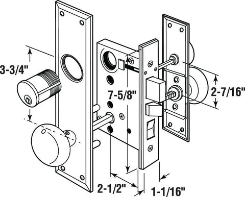 Diagram of Old School Mortise Lock Set In Satin Nickel Finish For Exterior Doors Left Hand 2-1/2 Inch Backset Surface Mount