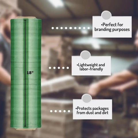 Heavy Duty Dark Green Stretch Wrap, 8 Rolls Of 18 By 1500 Feet, 63 Gauge Industrial Plastic Film displaying 18 inch roll.