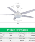53 Inch Ceiling Fan With Lights And Remote For Bedroom And Living Room, Modern White Indoor Ceiling Fan With 5 Reversible Blades