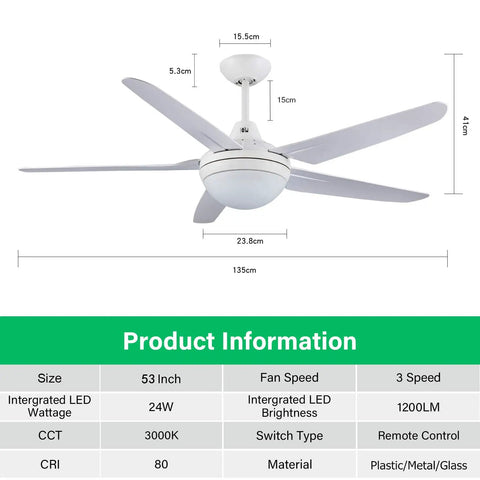 53 Inch Ceiling Fan With Lights And Remote For Bedroom And Living Room, Modern White Indoor Ceiling Fan With 5 Reversible Blades