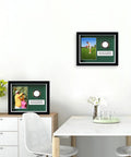 Premium Golf Ball Display Cabinet With Glass Door And 4x6 Photo Frame in wood frame shown on wall in modern room.