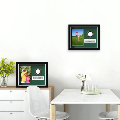Premium Golf Ball Display Cabinet With Glass Door And 4x6 Photo Frame in wood frame shown on wall in modern room.