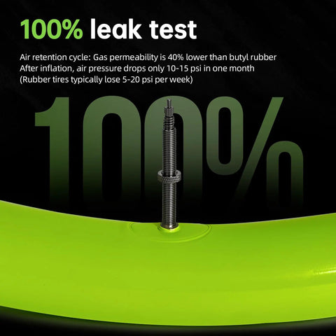 Alt Tag: Presta valve on green inner tube, highlighting the durability and compatibility of 2 Pack 29 Inch TPU Bike Inner Tubes Ultralight For Mountain Biking Hella Durable And Ready For Rough Trails Compatible With 29x1.9 To 29x2.5 Tires Presta Valve 45mm Removable Nozzle Core Easy Install
