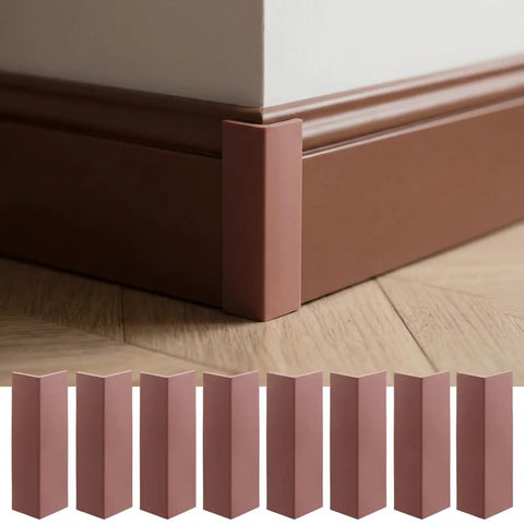 Self Adhesive Rubber Corner Protectors For Walls And Furniture, Brown Baseboard Edge Guards installed on wall corner, 8 pcs shown