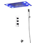 Built Tough Square LED Shower System With Thermostatic Valve And Dual Mode Spray, 14 X 20 Inch Rainfall Panel with controls and hand shower.