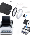 Illustration of Pro Grade Rock Tumbler Kit Electric Gemstone Stone Polisher disassembled showing barrel and lock button