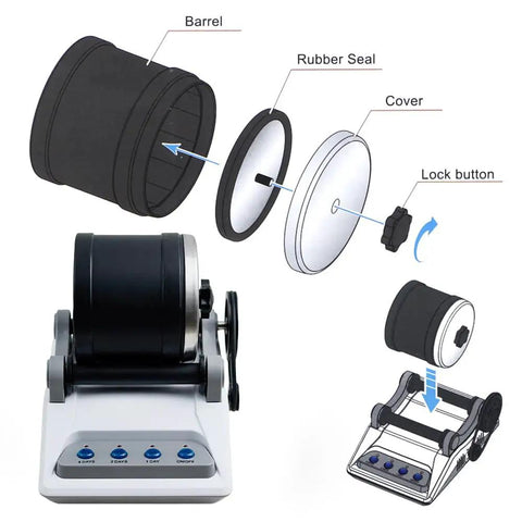 Illustration of Pro Grade Rock Tumbler Kit Electric Gemstone Stone Polisher disassembled showing barrel and lock button