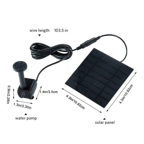 Solar Powered Fountain Kit For Bird Baths And Small Ponds No Wiring Easy Setup Outdoor Water Pump For Patio Gardens And Fish Tanks Eco Friendly Solar Panel Pump For Garden Water Features with dimensions and components visible.