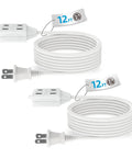 Indoor Extension Cord 12 Foot 2 Prong Power Cable With 3 Polarized Outlets And Safety Slide Windows 13A 1625W 16 AWG Durable Indoor Cord Ideal For Home Office Dorm Workshop 2 Pack Everyday Use, coiled 12 ft cords