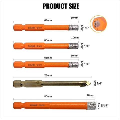 BeQell porcelain tile diamond drill bits set, five bits shown in orange and bronze with 6mm and 8mm hex-shank diameters.