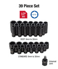 Beefy Half Inch Drive Master Impact Socket Set 39 Piece 9mm-30mm Standard And Deep Cr-Mo Steel Radius Corner Design shown