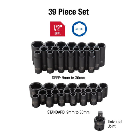 Beefy Half Inch Drive Master Impact Socket Set 39 Piece 9mm-30mm Standard And Deep Cr-Mo Steel Radius Corner Design shown