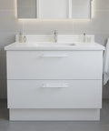 Two Pack Stick On Cabinet Handles Seven Point Eight Inch White No Drill Installation mounted on bathroom vanity drawers