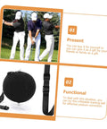 Three Piece Golf Swing Trainer Inflatable Posture Aid With Inflator Portable Practice Tool For Golfers Of All Levels Helps Correct Posture And Improve Swing Technique Great For Beginners And Golf Lovers Random Color showing golfers in action and the black inflatable trainer device with strap.