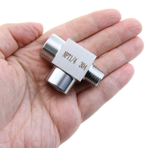 Stainless Steel Street Tee Pipe Fitting With 1/4NPT Male To Dual 1/4NPT Female Threads For Plumbing And DIY, 304 Grade, in hand view