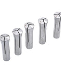 Five metal R8 collets from the 20 Piece Pro Grade Metric R8 Collet Set 1mm To 20mm High Precision Mill Chuck Holder Kit