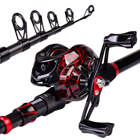 Close-up of Easy Start Fishing Rod And Reel Combo 6.9 Foot Telescopic Spincast Rod With Left Handed Baitcasting Reel