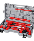 Aynuma One Ton Hydraulic Porta Power Kit, Heavy Duty Ram Jack With Pump stored in a gray carrying case with red tools.