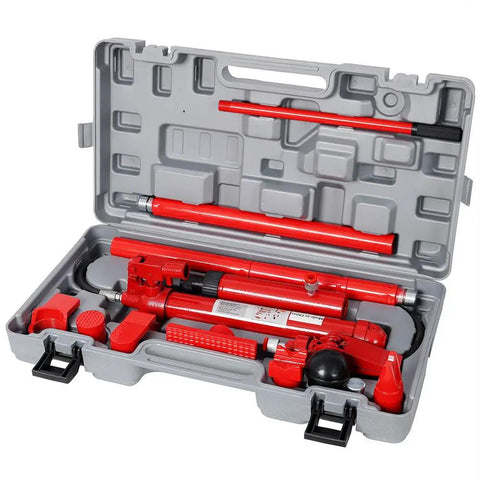 Aynuma One Ton Hydraulic Porta Power Kit, Heavy Duty Ram Jack With Pump stored in a gray carrying case with red tools.