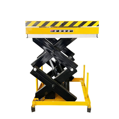 Heavy Duty Fixed Scissor Lift Table With Hydraulic Foot Pump For No Sweat Cargo Elevation, black and yellow design close-up.