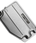 Automatic Transmission Filter Kit With O Rings And Pan Gasket For OE Form Fit And Function Includes Required Seals Easy Install And Premium Rubber Pan Gasket Part 0440280 And Recommended ATF For Your Transmission, showing a metal transmission filter pan from an overhead angle.