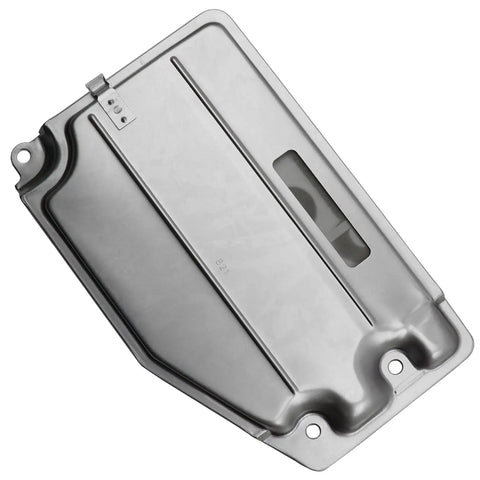 Automatic Transmission Filter Kit With O Rings And Pan Gasket For OE Form Fit And Function Includes Required Seals Easy Install And Premium Rubber Pan Gasket Part 0440280 And Recommended ATF For Your Transmission, showing a metal transmission filter pan from an overhead angle.