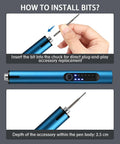 Blue mini cordless engraving pen with LED display and interchangeable drill/engraving bit, front view