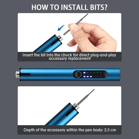 Blue mini cordless engraving pen with LED display and interchangeable drill/engraving bit, front view