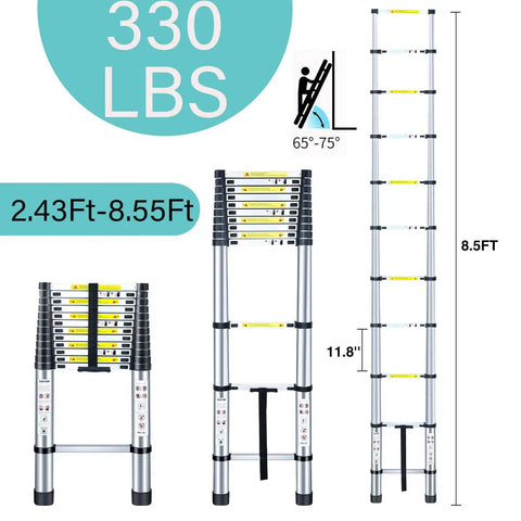 8.5 Ft Telescoping Aluminum Ladder For Home And Outdoor Projects Collapsible Extension Ladder With Safe Retraction Non Slip Feet Portable Lightweight For Attic Roofing And DIY Tasks EN131 ANSI Certified Must Have, displaying 330 lb capacity, height extension, and safety angle guide