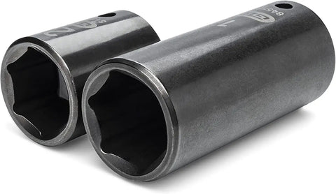 Close-up of deep sockets from 44 Piece 1/2 Inch Drive Impact Socket Set, black oxide finish, high-vis laser-etched size.