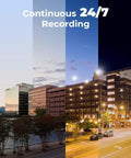 Day to night city scene showcasing 24/7 recording capability of 4K Ultra HD Security Camera System With 8 PoE Cameras H265 Wired Surveillance Kit.