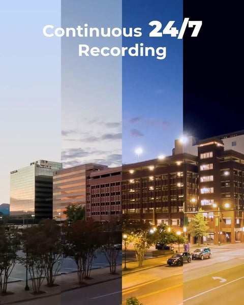 Day to night city scene showcasing 24/7 recording capability of 4K Ultra HD Security Camera System With 8 PoE Cameras H265 Wired Surveillance Kit.