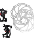 Heavy Duty Mechanical Disc Brake Kit With Front And Rear Rotors And Thick Pads For Mountain Bike, includes black calipers and silver rotors.
