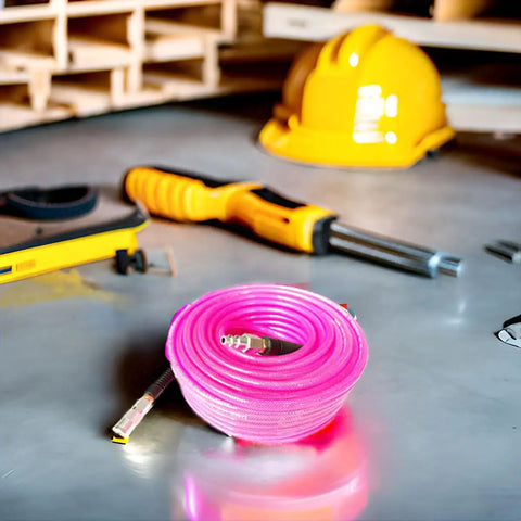 Reinforced Polyurethane Air Hose One Quarter Inch By One Hundred Feet Pink Transparent With Swivel Quick Coupler on table