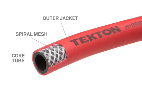 Close-up cross-section of Three Eighth Inch ID Six Foot Hybrid Lead In Air Hose With 300 PSI Rating showing core tube and spiral mesh.