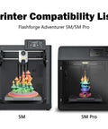 Printer compatibility list for Flashforge Adventurer 5M and 5M Pro, showcasing 3D printed models inside each printer