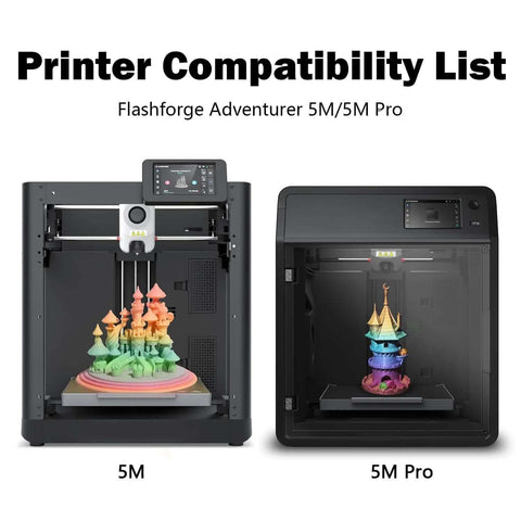Printer compatibility list for Flashforge Adventurer 5M and 5M Pro, showcasing 3D printed models inside each printer
