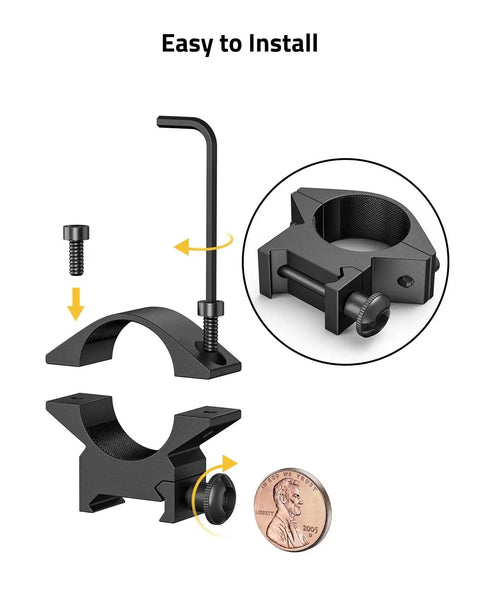 Heavy Duty One Inch Scope Rings With A Low Profile Cut For Picatinny Rails built from solid aluminum, easy installation details shown.