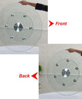 Front and back view of rotating Lazy Susan turntable with tempered glass top for kitchen, dining room, and bar use.