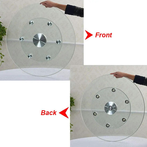Front and back view of Massive 47 Inch Lazy Susan Turntable with thick tempered glass, stable 6 wheel bearing, non slip feet, round 120 cm diameter.