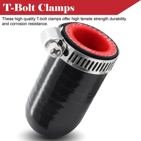 Four Ply Reinforced Silicone Coolant Cap Vacuum Hose Plug With Clamp for Intercooler Intake Turbo Bypass Valve Heater Core Leak Repair Gearhead Grade Heavy Duty High Temperature Resistance shown with T-bolt clamp for durability.