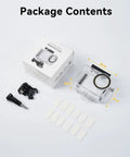 Package contents of Waterproof Action Camera Case For Osmo Action 5 4 3 With 50 Meter Depth No Fuss Anti Fog Shell Cage Quick Release Screw Underwater Housing For Deep Dive Snorkeling And Scuba Adventures in transparent plastic with accessories and instructions