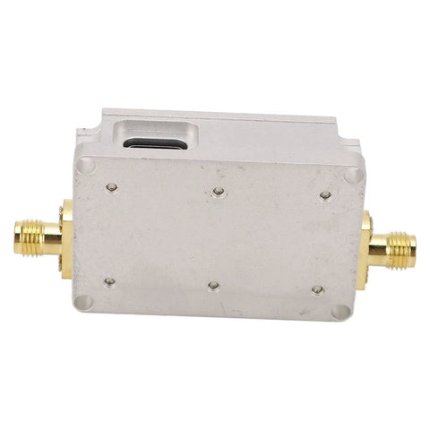 Wideband RF Amplifier With High Gain And Low Noise LNA For Radio, Ultra Broad 10 MHz To 6 GHz Coverage, 30 dB Gain, Stable Signal, Plug And Play Install, Compact Design For Quick Setup, rectangular metallic casing with connectors.