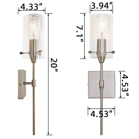 Brushed Nickel Wall Sconces Set Of 2 Sleek Modern Industrial Vanity Lights With Clear Glass Shades For Bathroom Farmhouse Style Wall Lighting Fixtures For Bath Vanity Two Pack Bulb Not Included showing dimensions