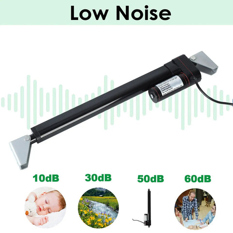 26 Inch 12V DC Linear Actuator 225 Lbs Beast Mode Heavy Lifter with low noise indicator, showcasing design and functionality.