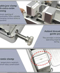 Product collage showing Aluminum Soldering Clamp For DIY Projects With An 11mm Adjustable Jaw Hands Free Soldering Fixture For PCBs Wires And Connectors, highlighting double-jaw, threaded guide, and ceramic clamp