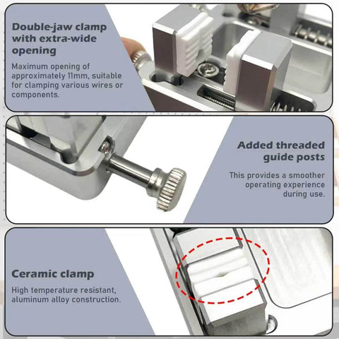 Product collage showing Aluminum Soldering Clamp For DIY Projects With An 11mm Adjustable Jaw Hands Free Soldering Fixture For PCBs Wires And Connectors, highlighting double-jaw, threaded guide, and ceramic clamp
