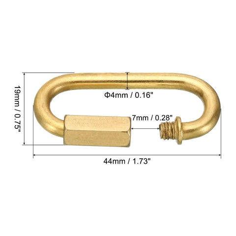 Heavy Hitting 4mm Copper Chain Quick Links showing detailed dimensions and screw locking mechanism, designed for strength.