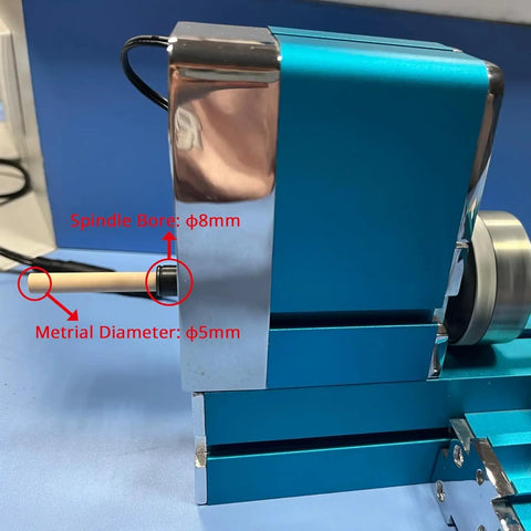 Best 2024 Mini Motorized Lathe Machine 36w for Metal and Woodworking Projects showing spindle bore and metal diameter dimensions.